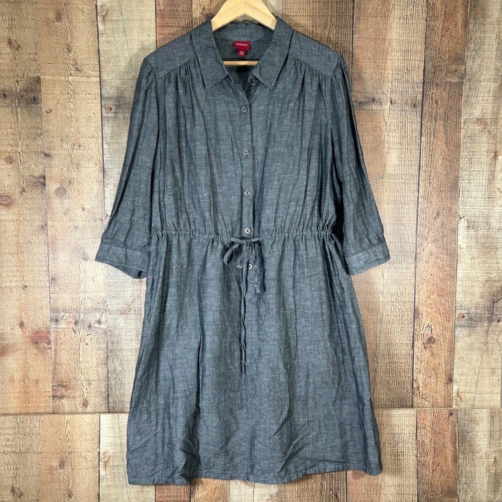 Merona Gray Linen Cotton Blend Button Down Shirt Dress Plus Career XXL